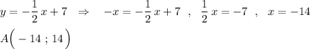 y=-\dfrac{1}{2}\, x+7\ \ \Rightarrow \ \ \ -x=-\dfrac{1}{2}\, x+7\ \ ,\ \ \dfrac{1}{2}\, x=-7\ \ ,\ \ x=-14\\\\A\Big(-14\ ;\, 14\, \Big)