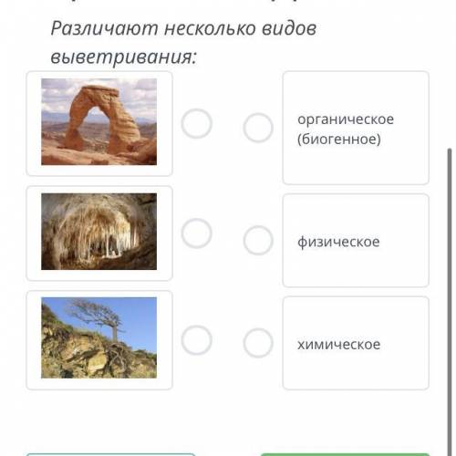 Различают несколько видов выветривания: органическое (биогенное) физическое химическое у меня это со