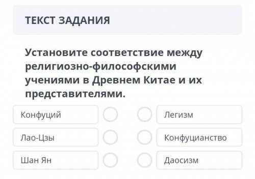 Установите соответствие между религиозно философскими учениями в Древнем Китае и их представителями.