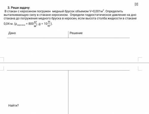 В стакан с керосином погружен медный брусок объемом V=0,001м3. Определить выталкивающую силу в стака