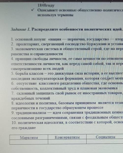 Задание 1. Распределите особенности политических идей. (106)1. Основной лозунг «нация первична госуд