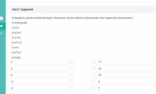 Определи какие значения будут получены после запуска программы при заданных значениях X x= int(input