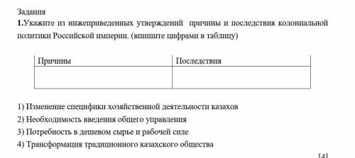 Укажите из нижеприведенных утверждений причины и последствия колониальной политики Российской импери