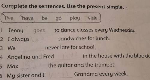 Complete the sentences. Use the present simple. live havebego playVisit1 Jenny goesto dance classes