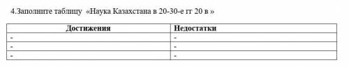 4.Заполните таблицу «Наука Казахстана в 20-30-е гг 20 в » Достижения Недостатки ​