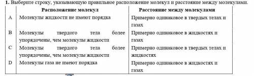 1. Выберите строку, указывающую правильное расположение молекул и расстояние между молекулами. Распо