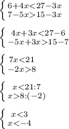 \left \{ {{6+4x15-3x}} \right. \\\\\left \{ {{4x+3x15-7}} \right. \\\\\left \{ {{7x8}} \right. \\\\\left \{ {{x8:(-2)}} \right. \\\\\left \{ {{x