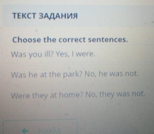 IENT GLISHЕ5.ТЕКСТ ЗАДАНИЯChoose the correct sentences.Was you ill? Yes, I were.калWas he at the par