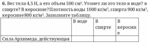 вес тела 4,5н на его обьём 500см ³ утонит ли это тело в воде спирте керосине протность воды 1000 кг/