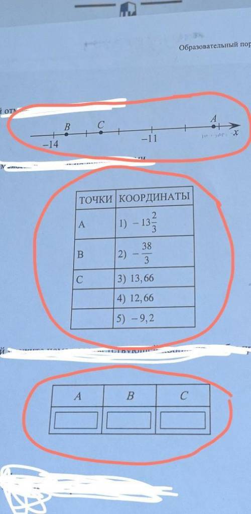 На координатной прямой отмечены точки A, B и C. Установите соответствие между точками и их координат