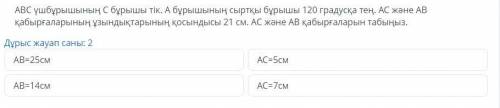 Угол С треугольника ABC вертикальный. Внешний угол угла а равен 120 градусам. Сумма длин стенок AC и