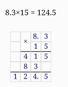 8,3 умножить на 15 в столбик ​