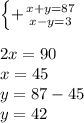 \left \{+ {{ x+y = 87} \atop {x-y=3}} \right.\\\\2 x = 90 \\x = 45\\y = 87 - 45 \\y = 42