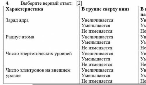 4. Выберите верный ответ: [2] Характеристика В группе сверху вниз В периоде слева направо Заряд ядра