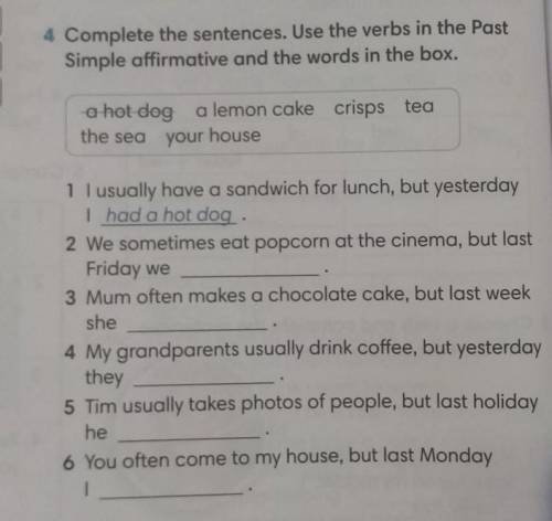 4 Complete the sentences. Use the verbs in the Past Simple affirmative and the words in the box.a ho