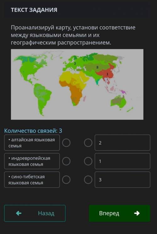 ТЕКСТ ЗАДАНИЯ Проанализируй карту, установи соответствие между языковыми семьями и их географическим