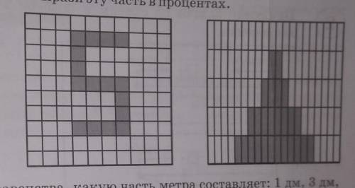 на сколько равных частей разбит каждый квадрат?Запиши дробью зарисованную часть.Вырази эту часть в п