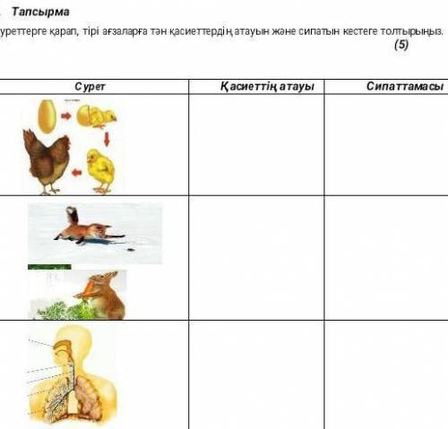 Суреттерге қарап, тірі ағзаларға тән қасиеттердің атауын және сипатын кестеге толтырыңыз​ көмектесің