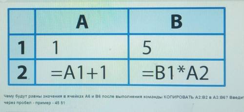 Чему будут равны значения в ячейках A6 и вы после выполнения команды копиРОВАТЬ А2:B2 в А3:B6? ​