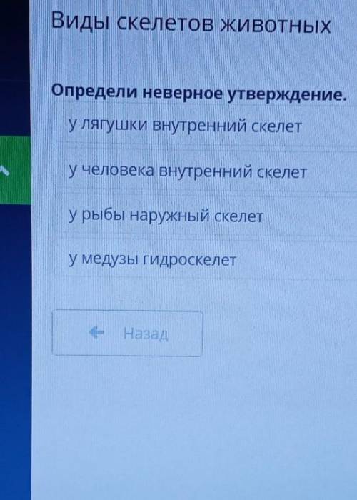 Виды скелетов Животных THEXОпредели неверное утверждение.у лягушки внутренний скелет>у человека в