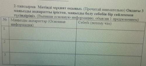 2-тапсырма. Мәтінді мұқият оқыңыз. (Прочитай внемательно) Ондагы 3 маңызды ақпаратты іріктеп, маңызд