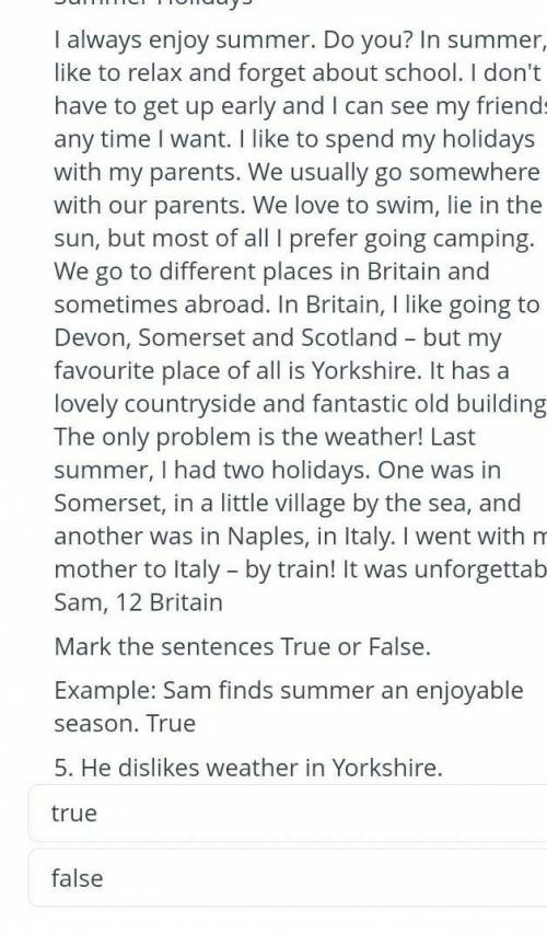 Reading Task 1 . Read The text below and complete the task Summer Holidays5)The dislikes weather in