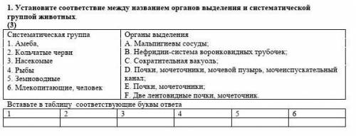 1. Установите соответствие между названием органов выделения и систематической группой животных. (3)