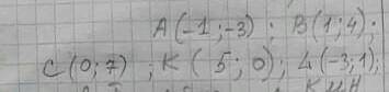 Постройте прямоугольную систему координат и постройте точки A(-1;-3) B(1;4)C(0;7)K(5;0)L(-3;1)​ у ме