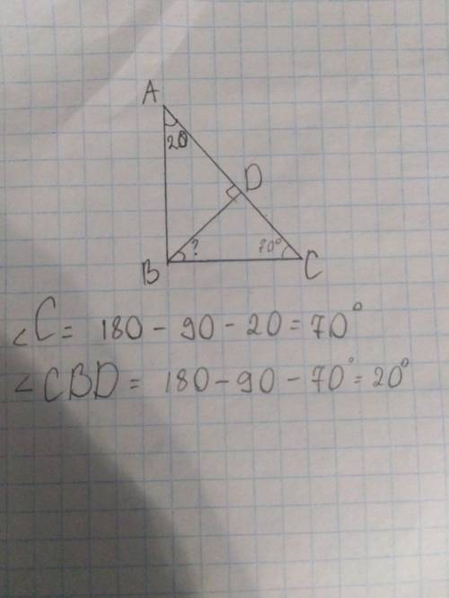 №1 Из вершины прямого угла треугольника АВС проведена высота ВD. Найдите угол СВD, зная что угол А р