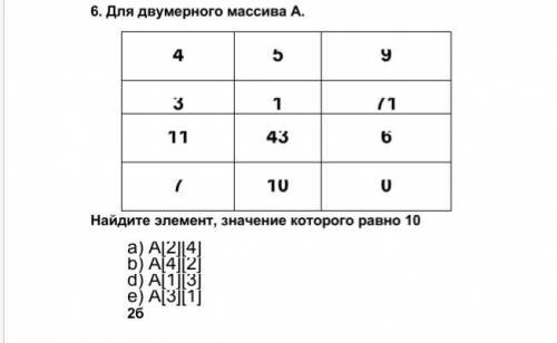 6. Для двумерного массива A Найдите элемент, значение которого равно 10 a) А[2][4] b) А[4][2] d) А[1