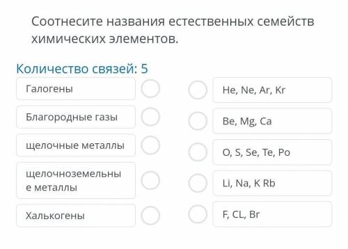 Соотнесите названия естественных семейств химических элементов.Количество связей: 5ГалогеныHe, Ne, A