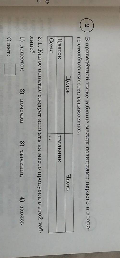 2.1. Какое понятие следует вписать на место пропуска в этой таб- лице?1) лепесток2) почечка3) тычинк