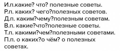 Запиши словосочетания полезные советы в Р падеже, Д падеже,Т падеже,П падеже