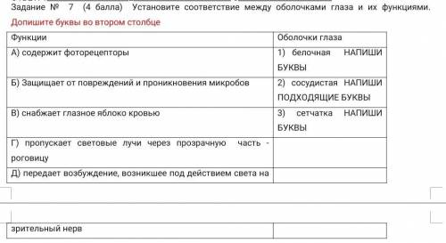 Установите соответствие между оболочками глаза и их функциями. Допишите буквы во втором столбце Функ