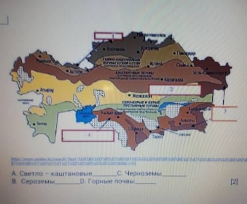 Установите соответствие между типом почвы и районом его распространения на карте Казахстана​