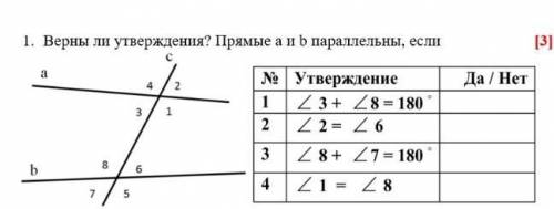 Верны ли утверждения? прямые a и b если 1) угол 3+угол 8=180 градусов да/нет2) угол 2 =углу 6 да/нет