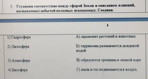 OP 3. Установи соответствие между сферой Землн и описаннем влияний,вызываемых добычей полезных ископ