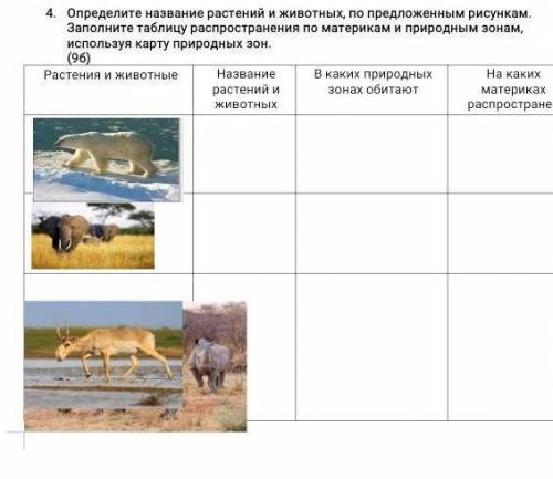 Определите название растений и животных, по предложенным рисункам. Заполните таблицу распространения