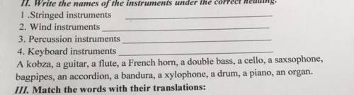 Write the names of the instruments under the correct heading