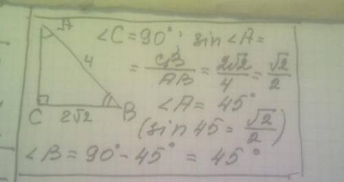Найдите углы прямоугольного треугольника, катет которого 2√2 см и гипотенуза 4 см. Даю 20 б