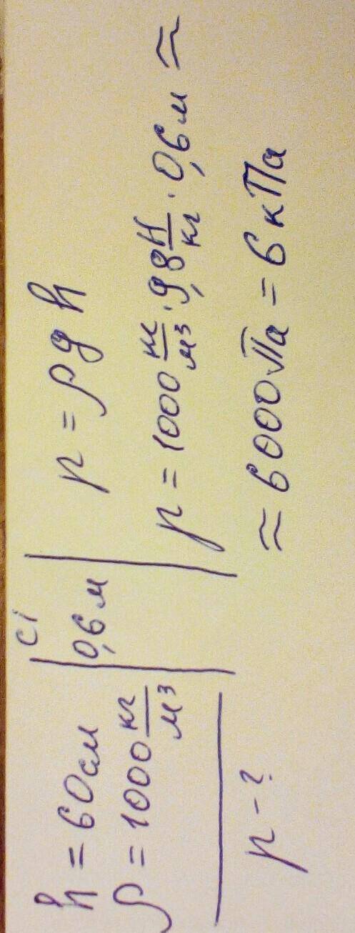 1. Визначте тиск на глибині 60 см у воді (густина води — 1000 кг/м3).​