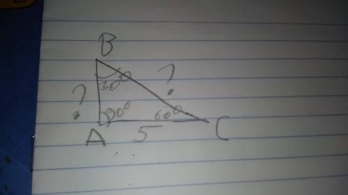 Дан прямоугольный треугольник. Известны углы :90,60,30 и только один катет 5 найти гипотенузу и друг