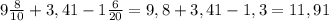 9\frac{8}{10} +3,41-1\frac{6}{20} =9,8+3,41-1,3=11,91