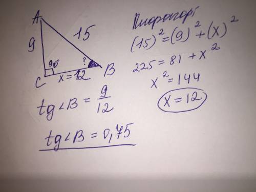 В △АВС ∠С = 90°,AC=9;AB=15. Найдите tg B.