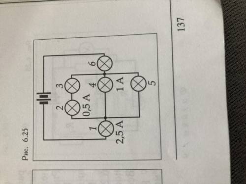 На рисунке 6.25 изображена схема соединения шести одинаковых лампочек. Сила тока в лампочках 1,2 и 4