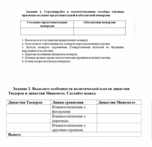 Задание 1. Сгруппируйте в соответствующие столбцы таблицы признаки сословно-представительной и абсол