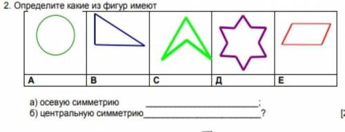 Опраеделите какие из фигур имеют А В C Д Е а) осевую симетрию б) центральную симетрию ​