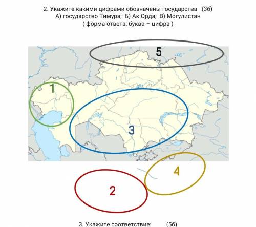 Укажите какими цифрами обозначены государства (3б) А) государство Тимура; Б) Ак Орда; В) Могулистан