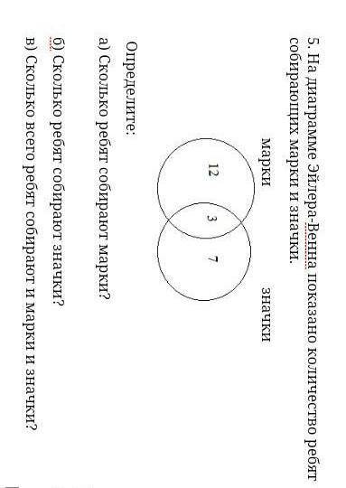 На диаграме Эйлера-Венна показано количество ребят собирающих марки и значки. марки 12 чел.,всего 3