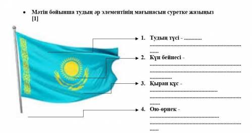 • Мәтін бойынша тудың әр элементінің мағынасын суретке жазыңыз [1] 1. Тудың түсі - 2. Күн бейнесі -